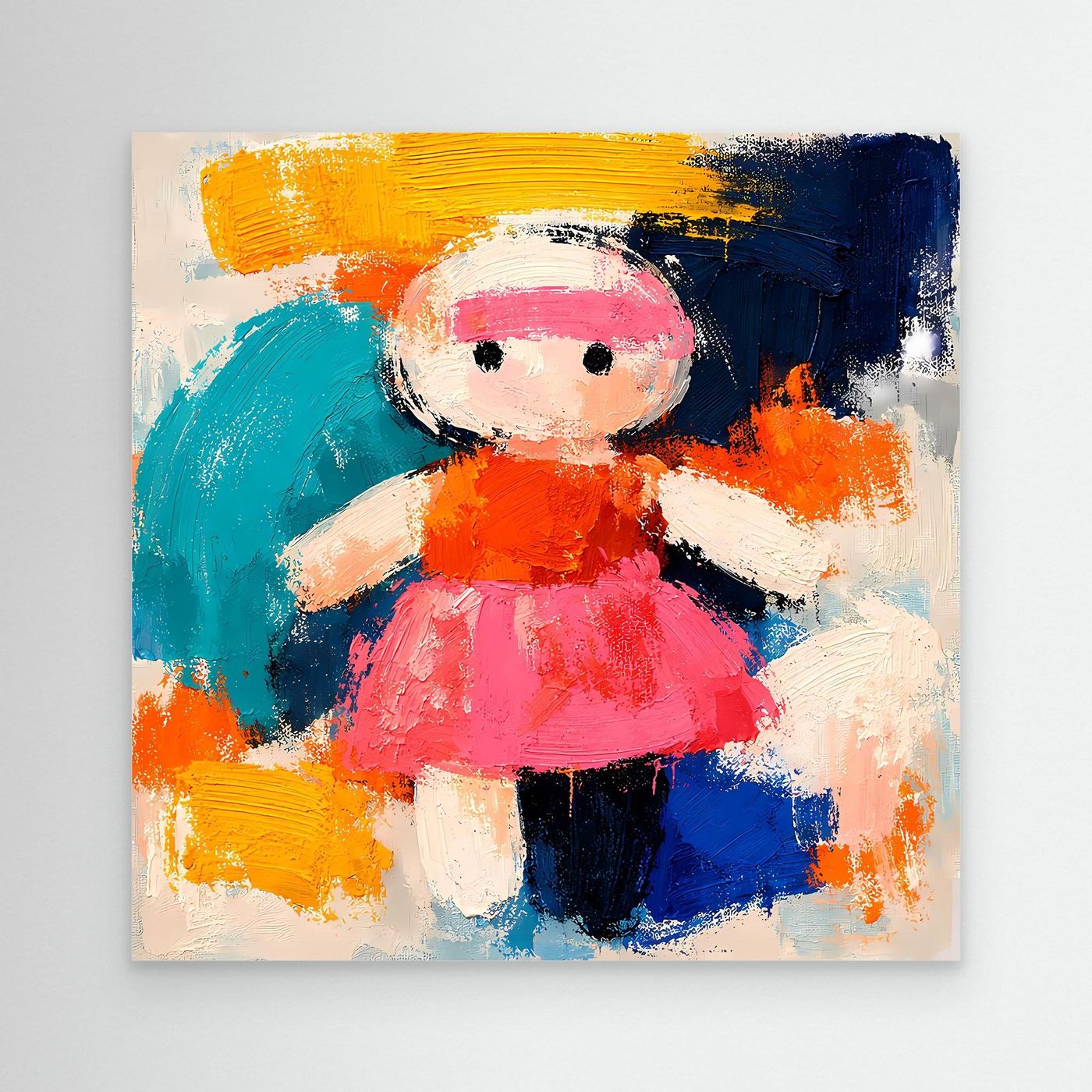 Abstract doll wall canvas with colorful geometric strokes, no frame