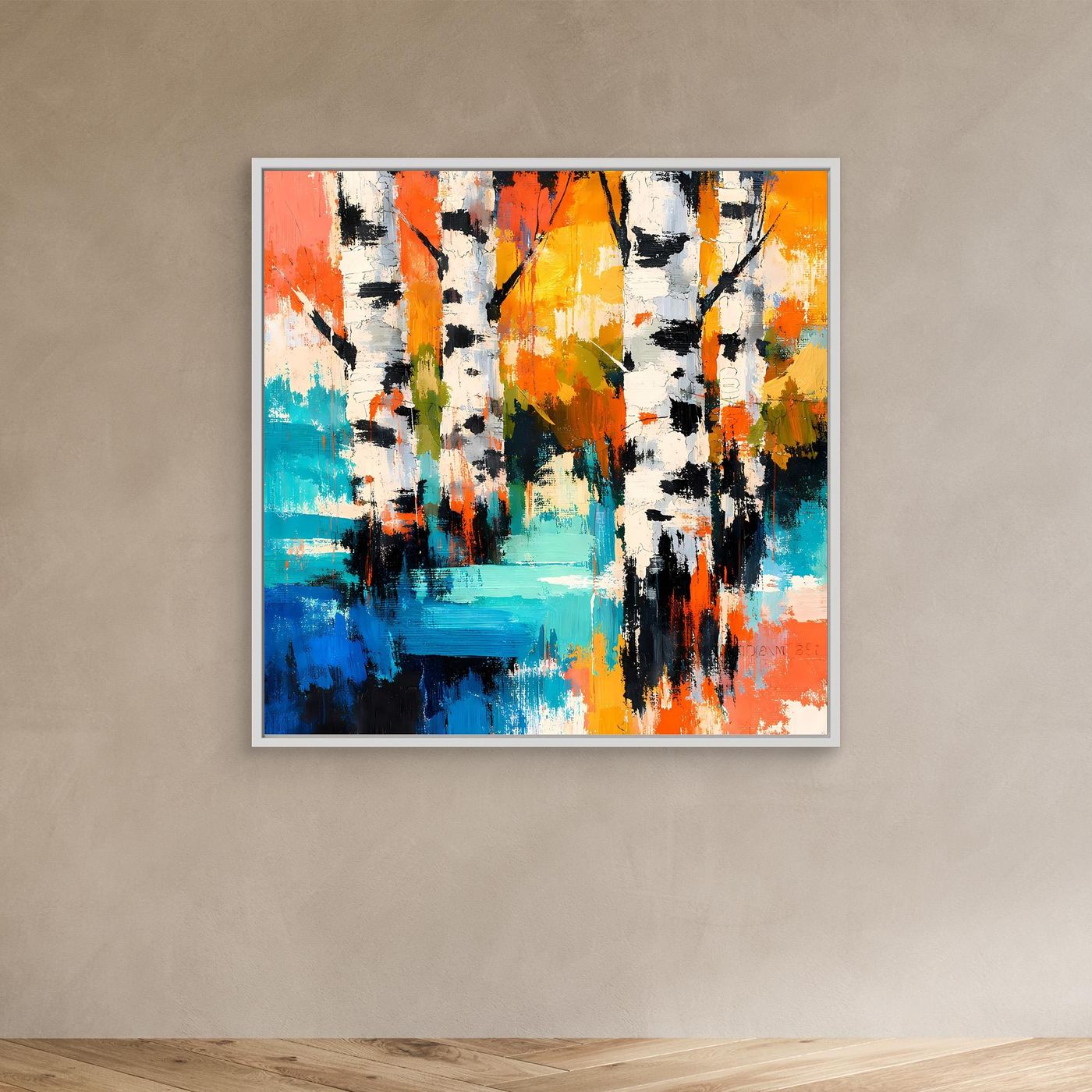 Abstract birch tree canvas wall art with white frame and colorful vertical strokes