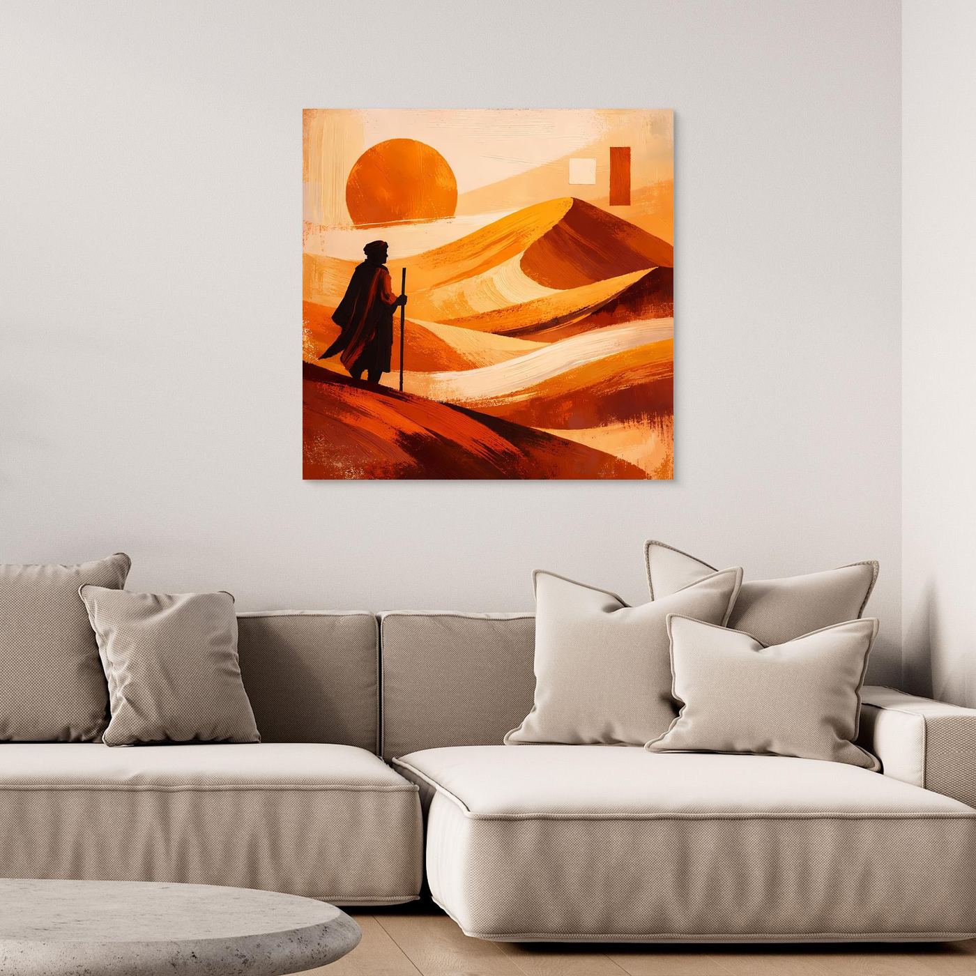 Leinwandbild mit abstrakter Wüstenlandschaft: orange Sonne, Sanddünen und Figur mit Laterne.