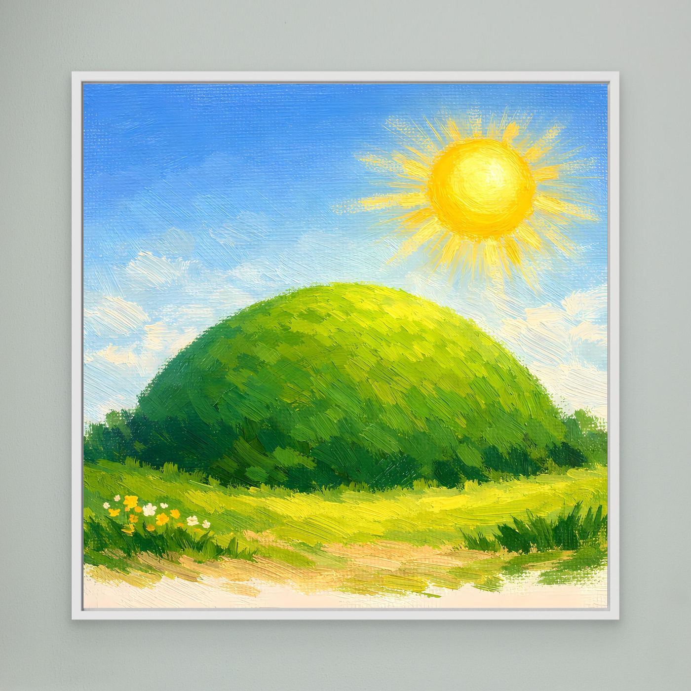 Leinwandbild mit grünem Hügel und gelber Sonne, im weißen Rahmen