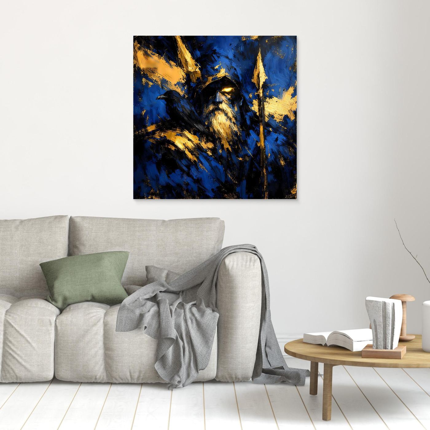 Leinwand Odin der Allvater in Blau und Gold | Modernes Nordische Mythologie Wandbild mit Rabe