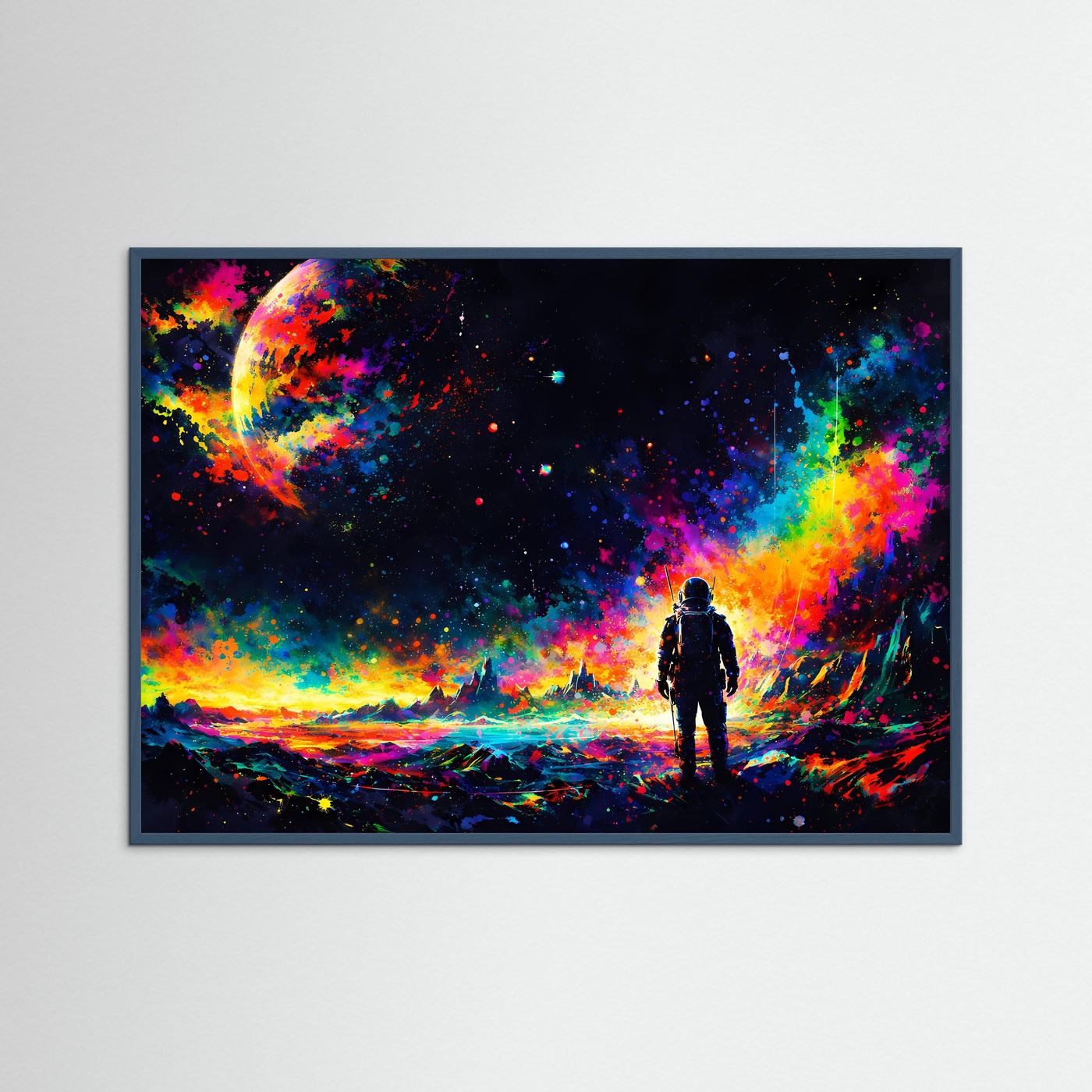 Poster mit Astronauten-Silhouette im Neon-Weltraum, schwarzer Rahmen