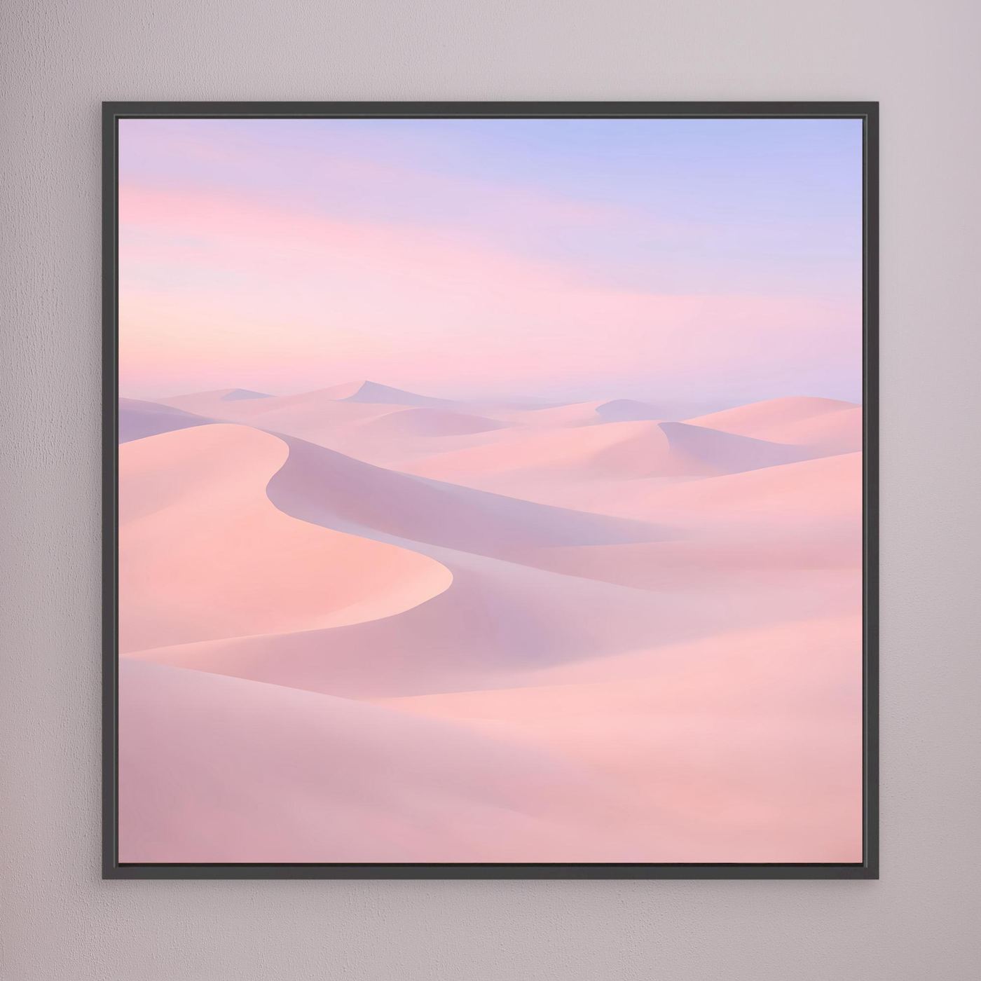 Quadratisches Leinwandbild mit Pastell-Wüstendünen in Rosa und Flieder, schwarzer Rahmen