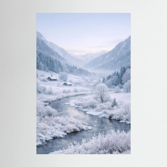 Hochkant-Wandposter mit verschneiter Alpenflusslandschaft, mit weißem Rand
