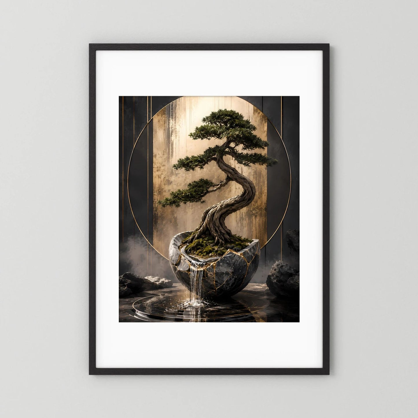Hochformat-Poster Bonsai im dunklen Topf, schwarz-goldene Grafik, schwarzer Rahmen