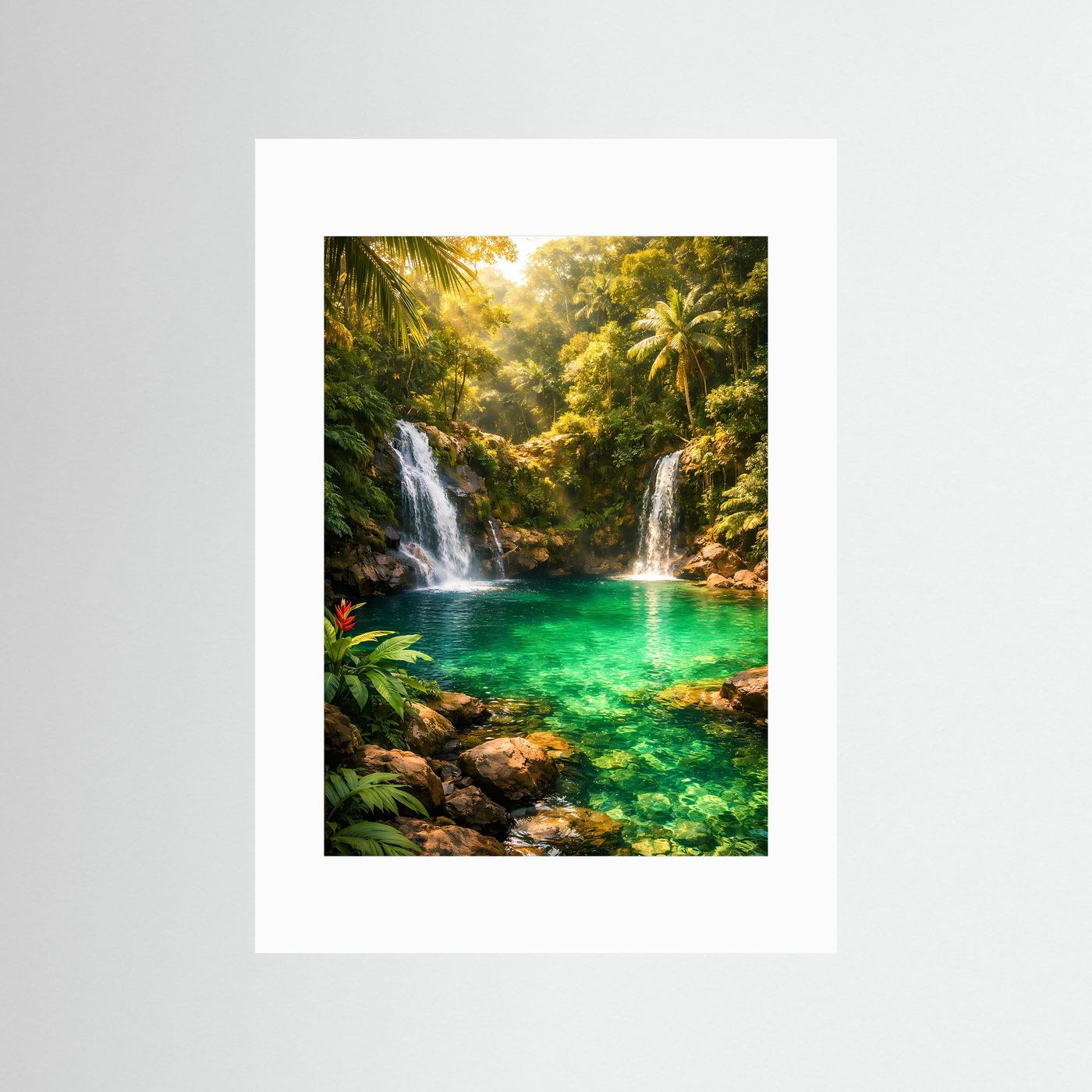 Dschungel-Poster mit Wasserfällen und smaragdgrünem Fluss, mit weißem Passepartout
