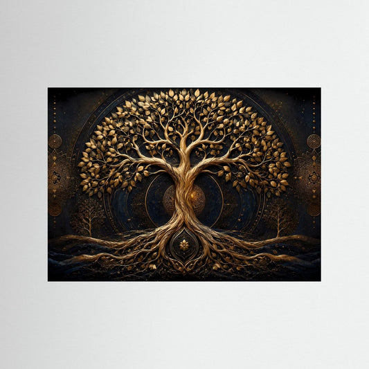 Poster „Baum des Lebens“ mit goldenen Details, schwarze Einfassung
