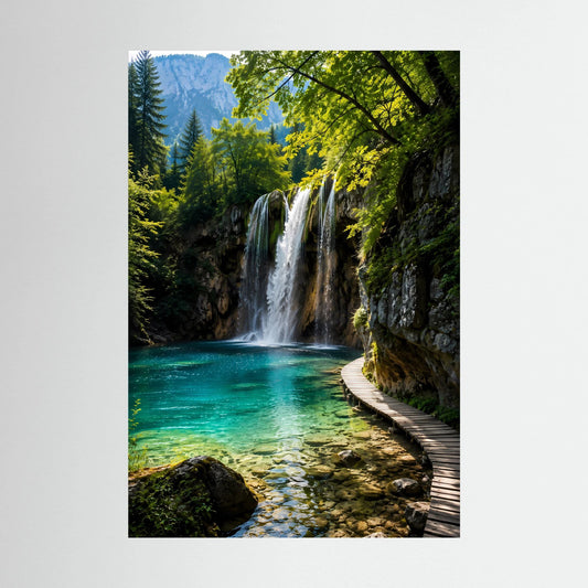 Hochformat-Poster mit Wasserfall, türkisfarbenem See und Holzsteg im grünen Bergwald