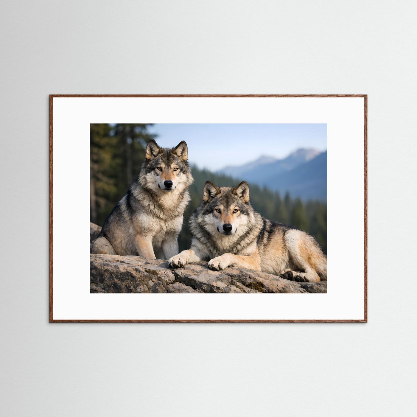 Poster mit Wolfspaar im Gebirge, querformatig, im dunklen Holzrahmen.