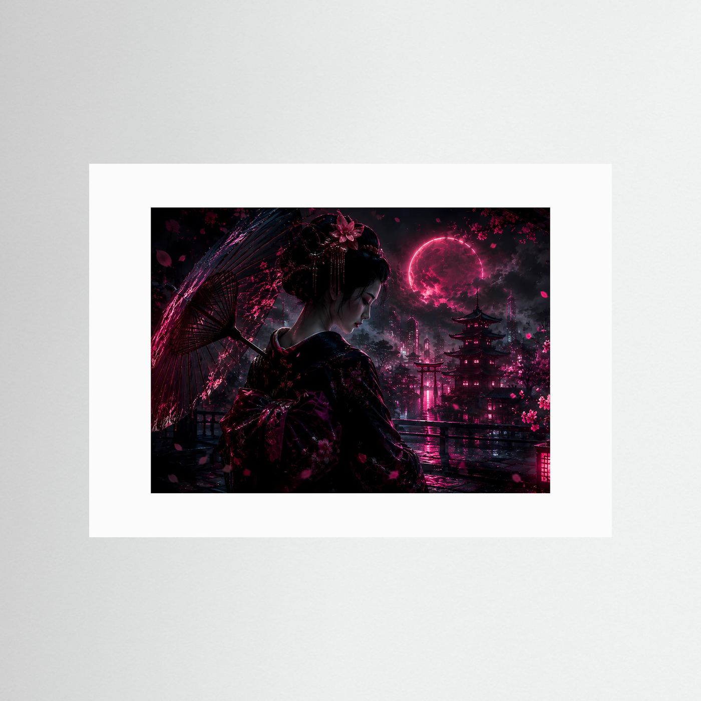 Geisha bei Nacht in Neon Pink | Japanische Cyberpunk Kunst mit Mond & Pagode
