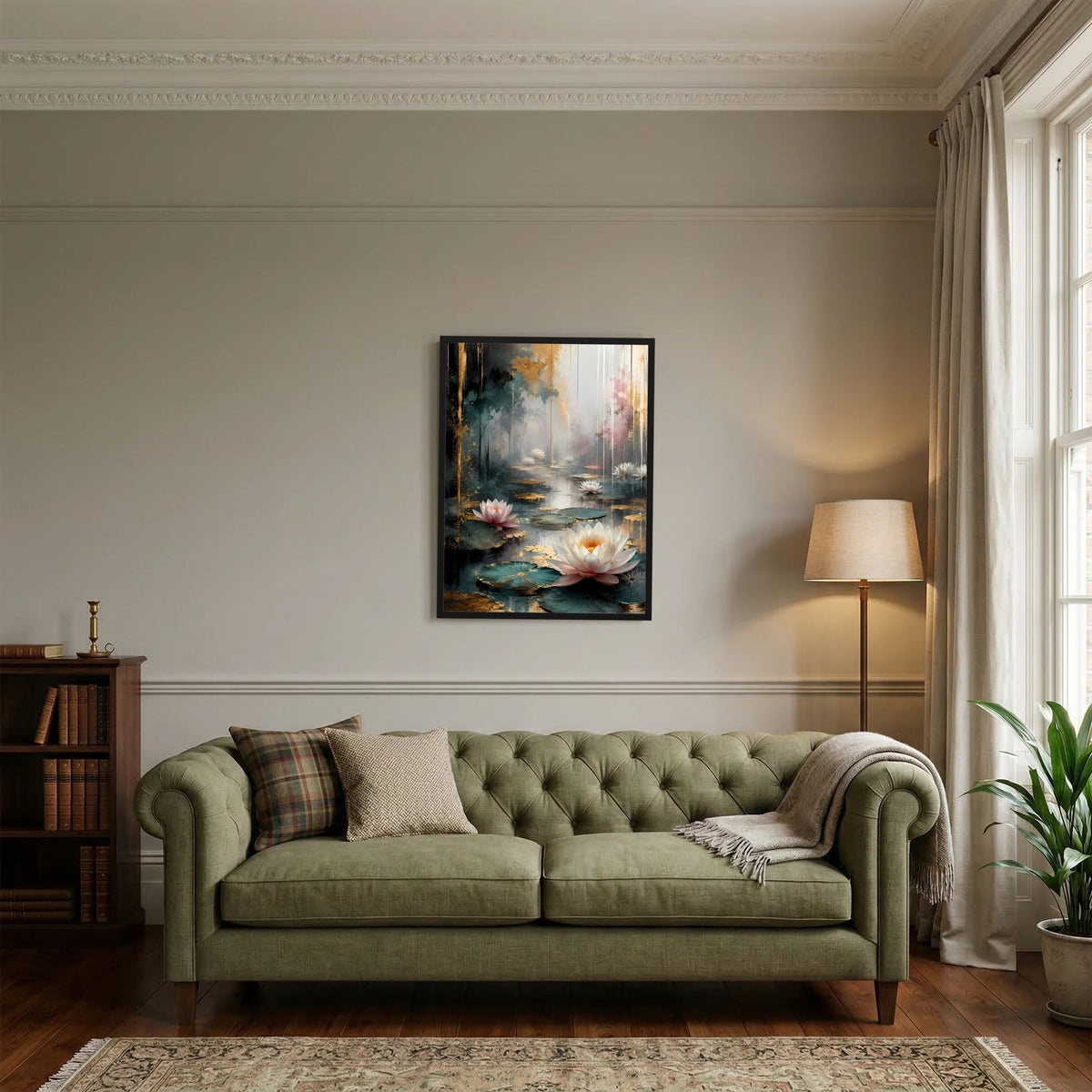 Wasserlilien-Poster im Hochformat mit weißen und rosafarbenen Blüten, schwarzer Rahmen