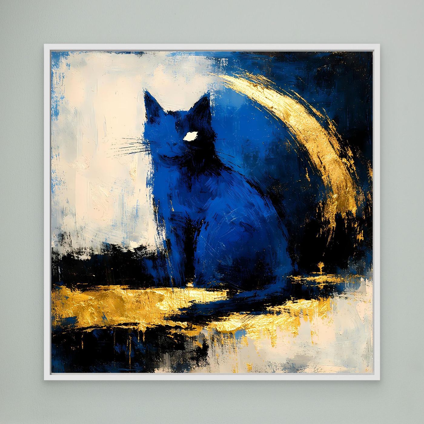 Abstraktes Wandbild mit blauem Tiermotiv, Goldakzenten und weißem Rahmen