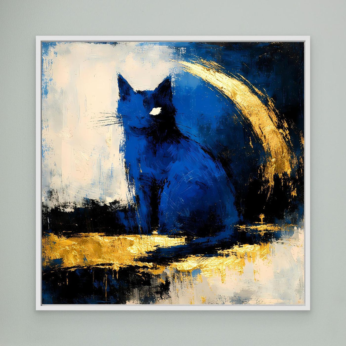 Abstraktes Wandbild mit blauem Tiermotiv, Goldakzenten und weißem Rahmen