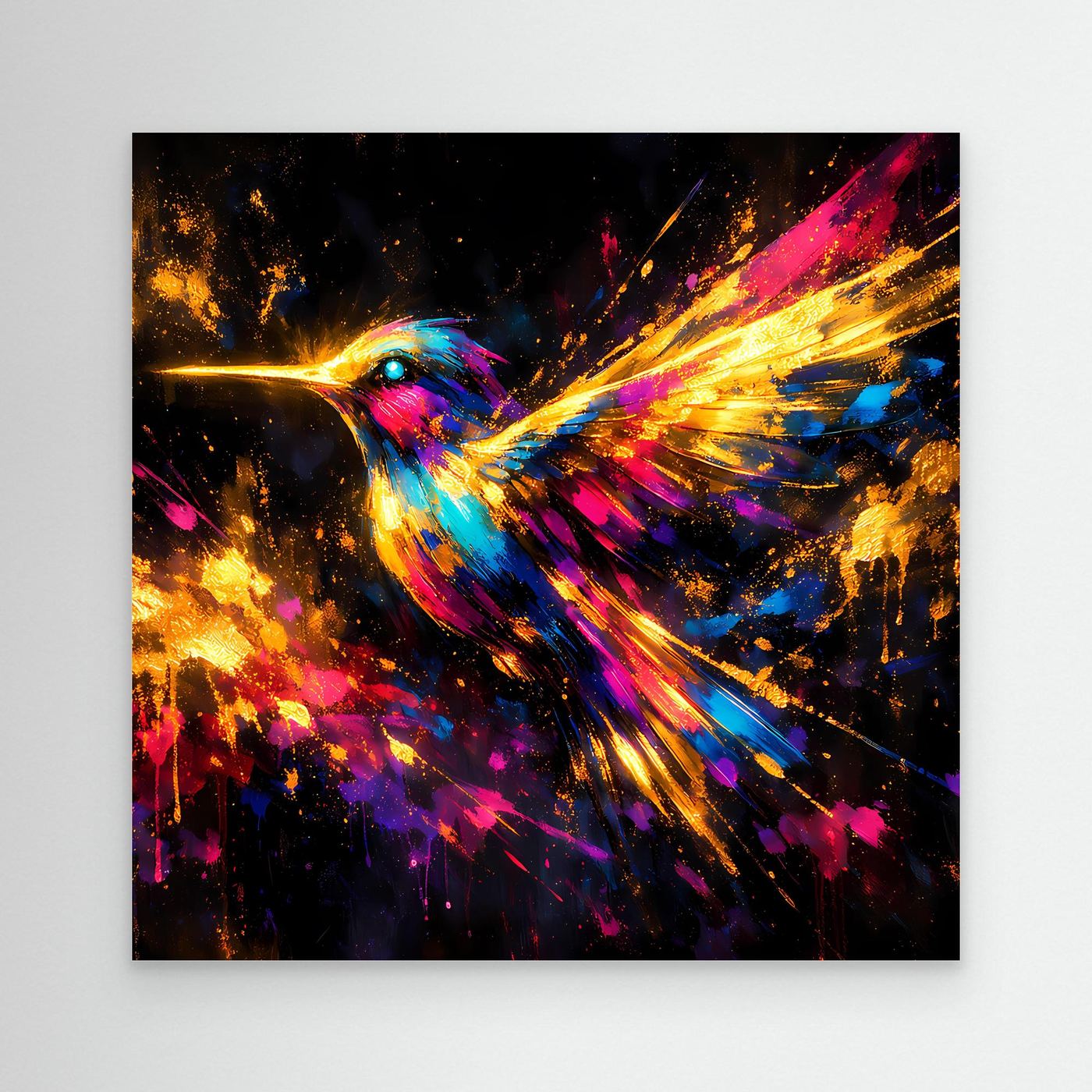 Leinwand Farbenfroher Kolibri im Flug | Abstraktes Modernes Wandbild Bunt