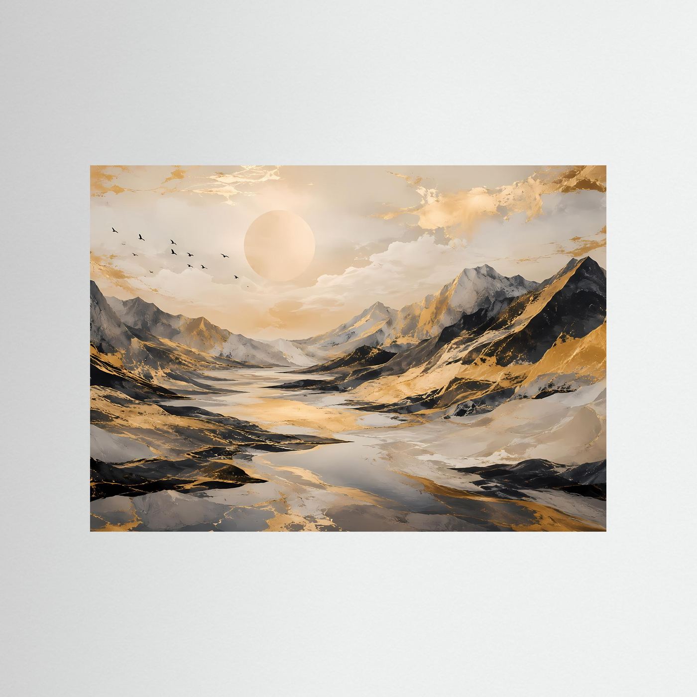 Abstrakte Berglandschaft mit Goldakzenten | Modernes Poster in Schwarz, Weiß & Gold | Edles Wandbild Querformat