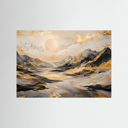 Querformat-Poster mit abstrakter Berglandschaft, goldenen Akzenten und hellem Mondhimmel