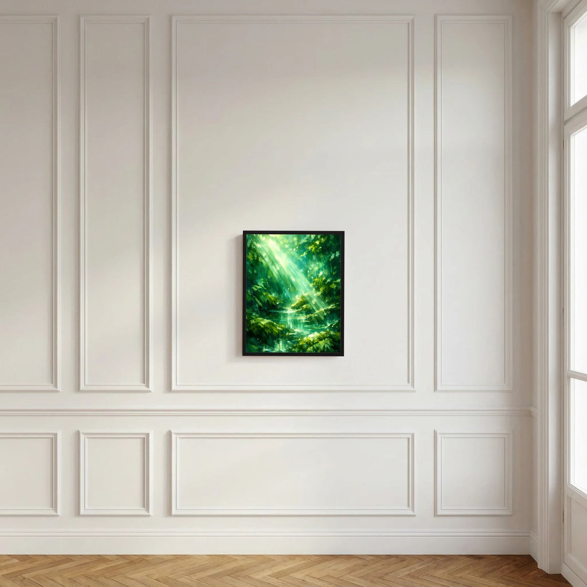 Kleines gerahmtes Hochformat-Wandposter mit grünem Waldsee und Sonnenstrahlen
