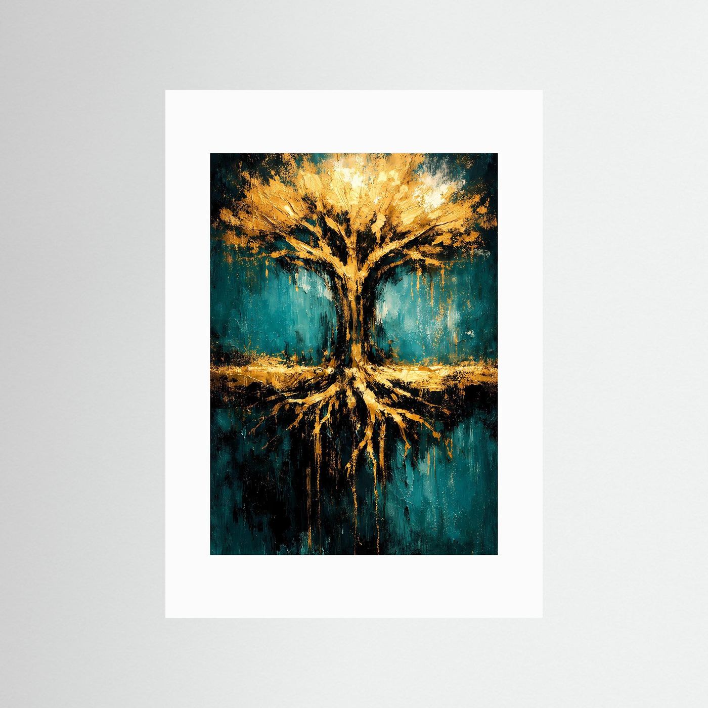 Kunstposter mit abstraktem Lebensbaum in Smaragdgrün und Gold, weißes Passepartout