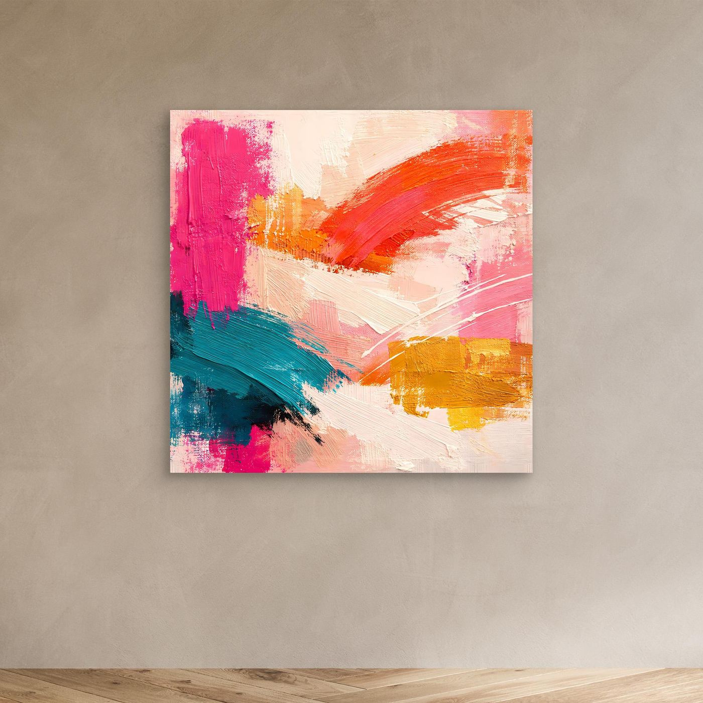 Abstraktes Leinwand-Wandbild mit Pinselstrichen in Pink, Orange, Petrol und Gelb
