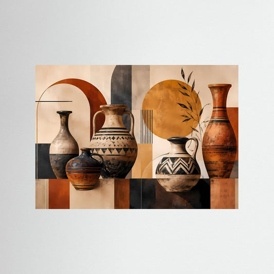 Abstraktes Kunstposter mit Terrakotta-Vasen in Erdtönen, querformat, ohne sichtbaren Rahmen