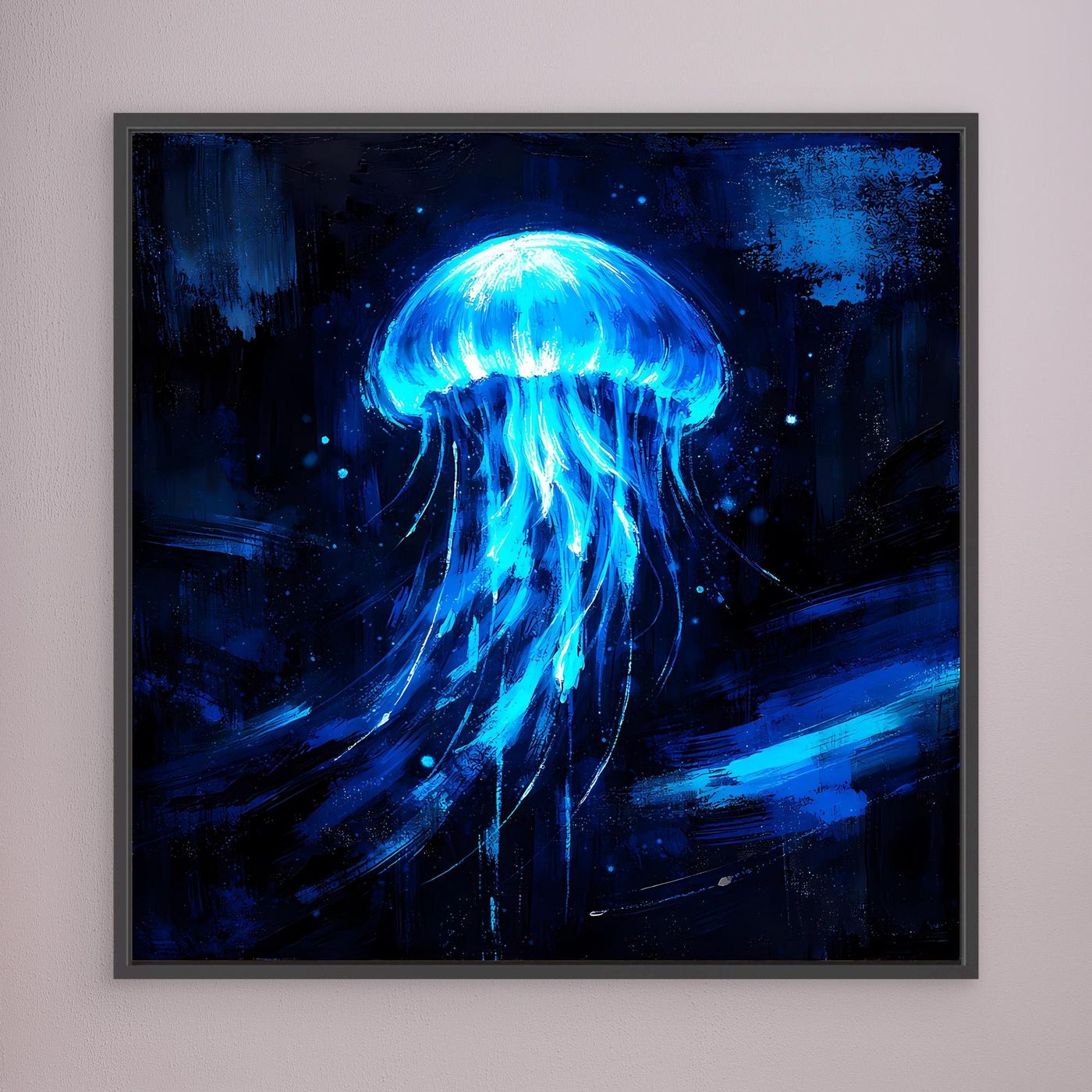 Leinwand Leuchtende Qualle im Tiefsee-Ozean | Abstraktes Biolumineszenz Wandbild