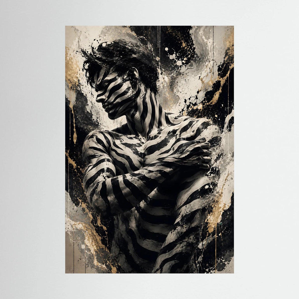 Wandposter mit Zebra-Figur in Schwarz/Weiß und beigen Spritzmustern auf hellem Grund