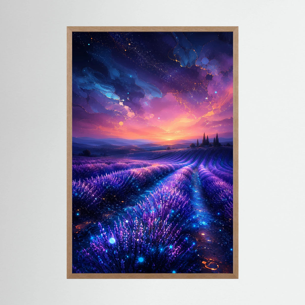 Poster im Hochformat mit leuchtendem Lavendelfeld, heller Holzrahmen