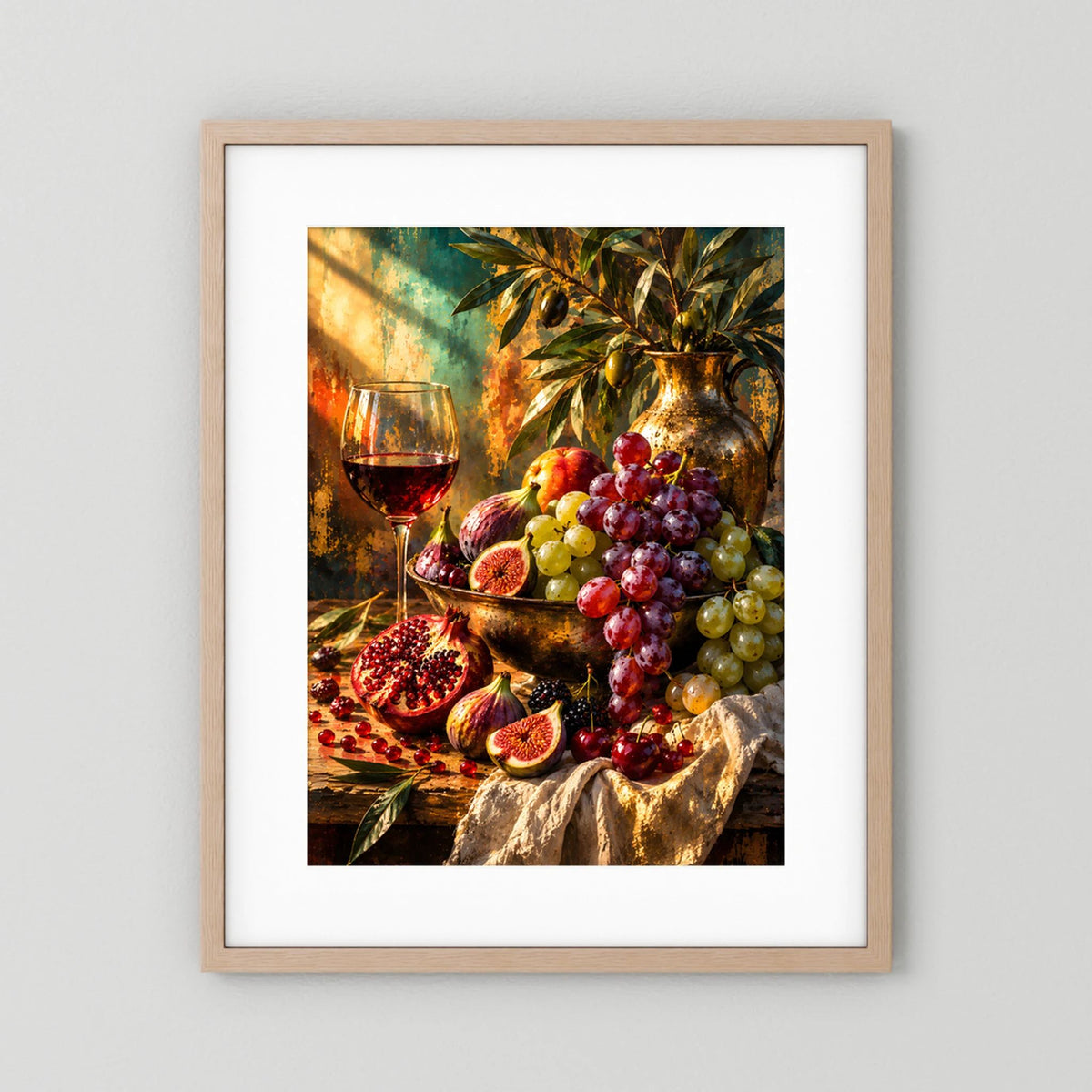 Stillleben-Poster mit Weinglas und Trauben, Feigen & Granatapfel in hellem Holzrahmen