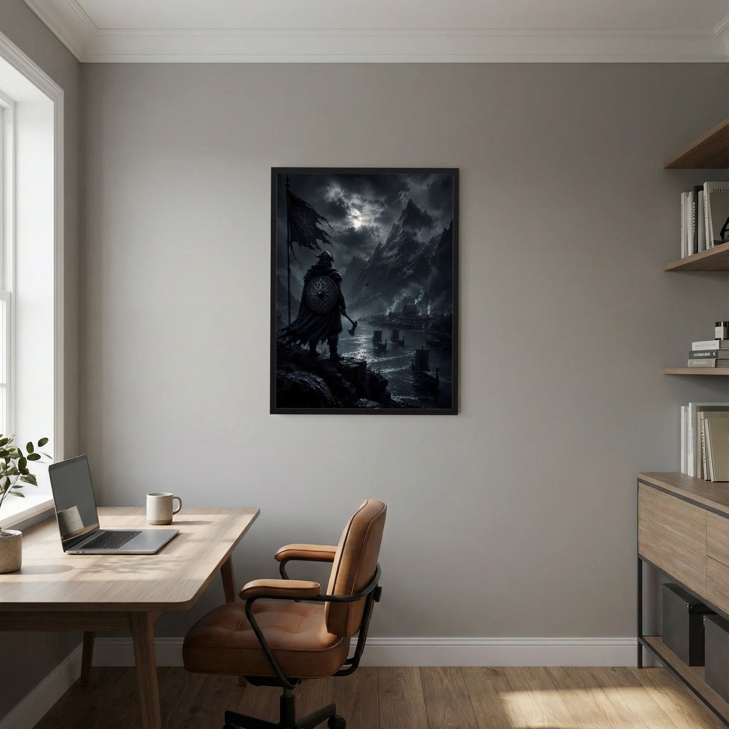 Hochformat-Poster mit schwarzem Rahmen, Wikinger-Silhouette und Wasserlandschaft bei Nacht