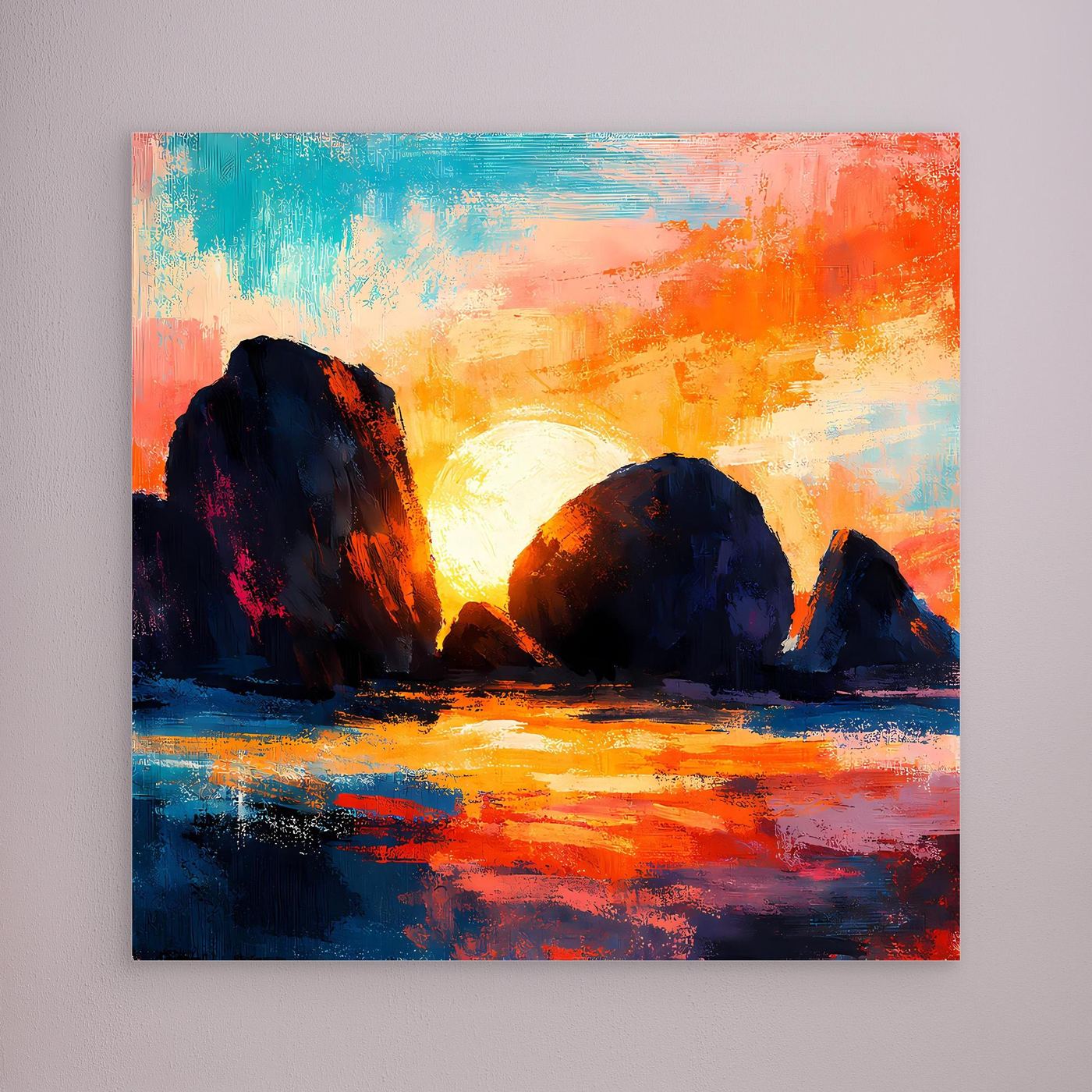 Leinwandbild mit abstrakter Küste und Sonnenuntergang, ohne sichtbaren Rahmen.