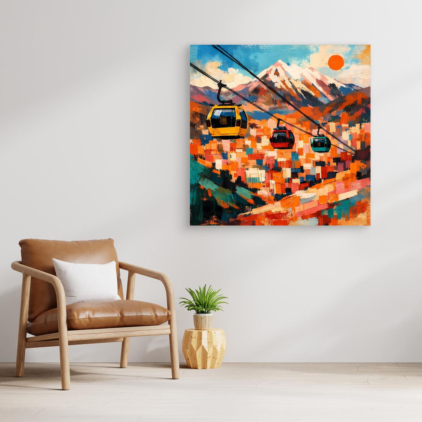 Buntes abstraktes Wandbild mit Seilbahn über einer Berglandschaft, farbige Kacheloptik