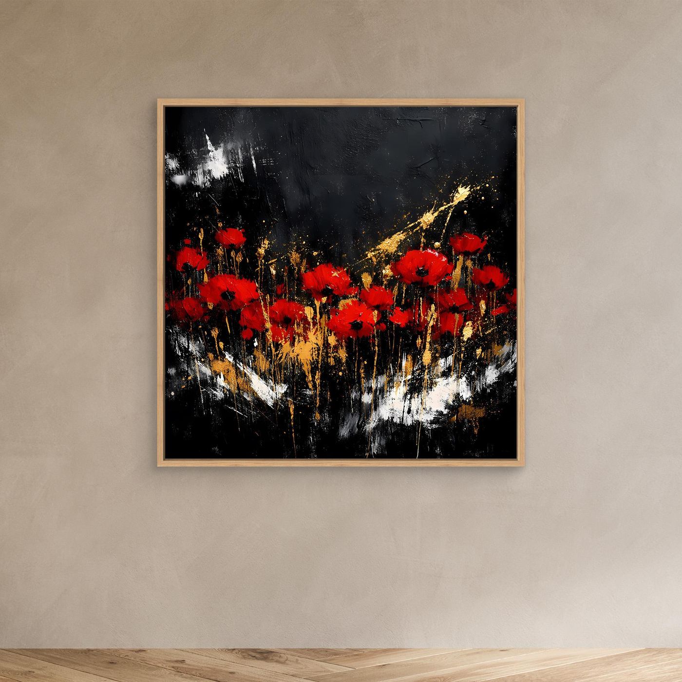 Leinwand Rote Mohnblumen mit Gold-Akzenten | Modernes Florales Wandbild Abstrakt