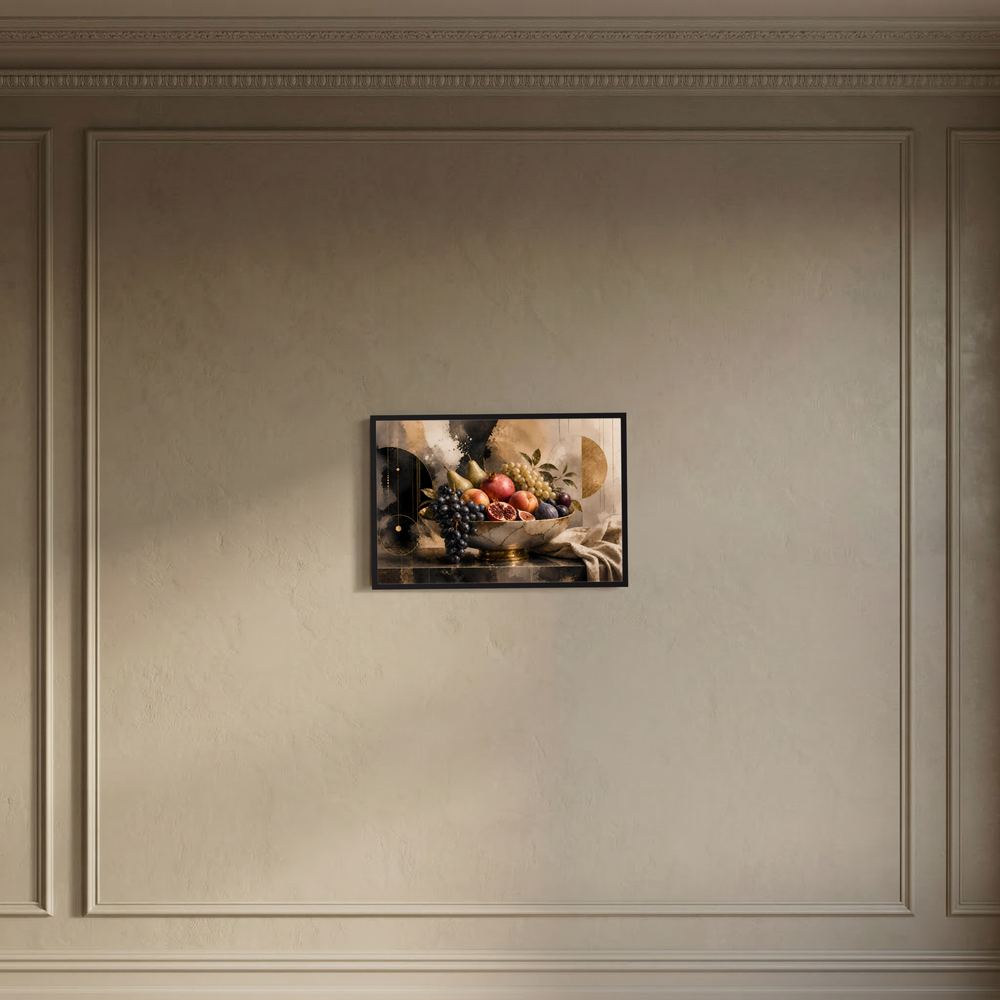 Gerahmtes Poster: Obstschale mit Granatapfel und Trauben, schwarz gerahmt, querformatig