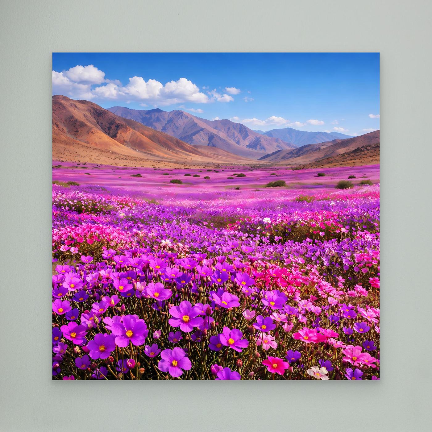 Leinwandbild mit lila Blumenwiese und Berglandschaft, ohne Rahmen
