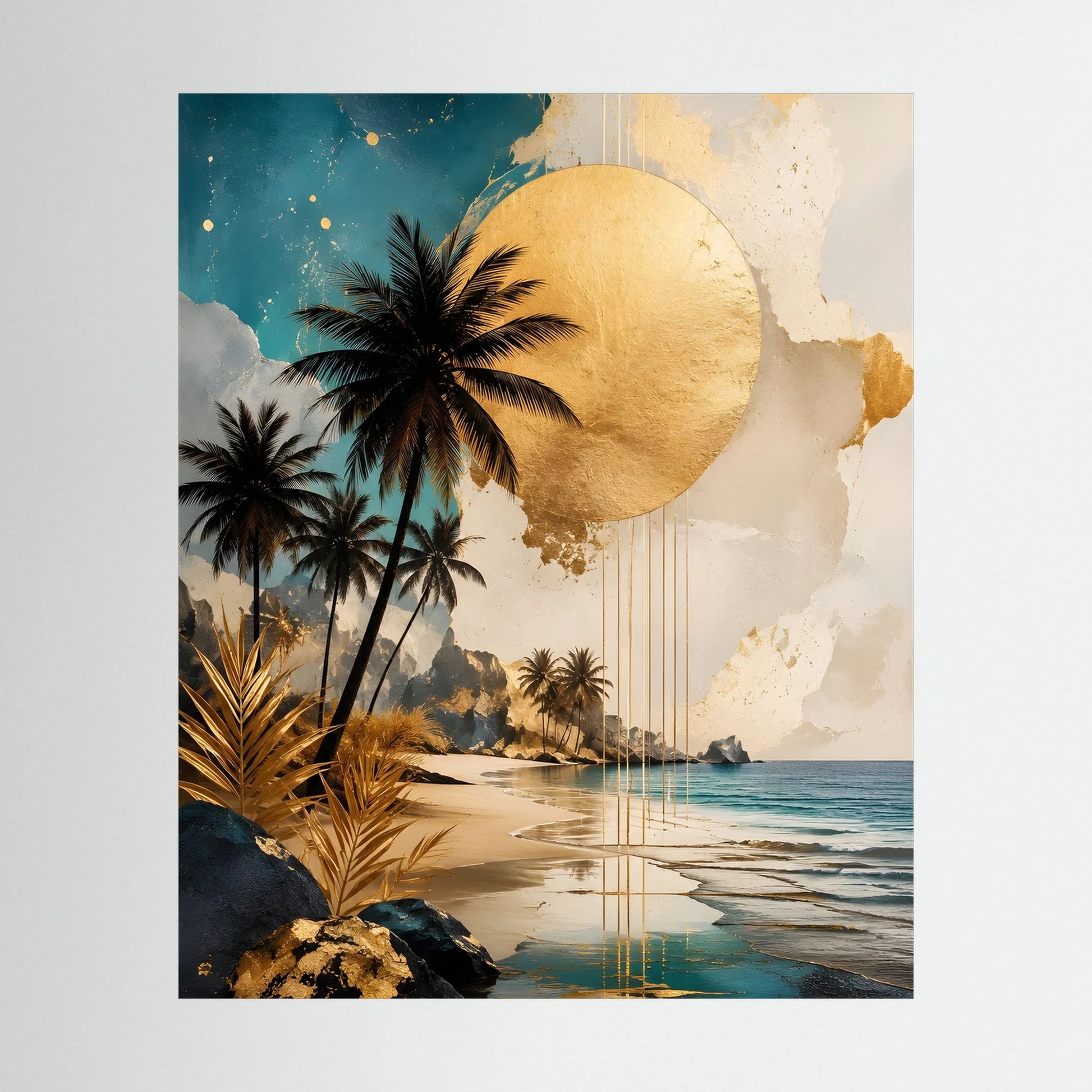 Hochformatiges Strand-Poster mit Palmen und goldener Sonne, abstrakte Küstenlandschaft