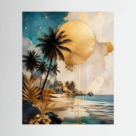 Hochformatiges Strand-Poster mit Palmen und goldener Sonne, abstrakte Küstenlandschaft