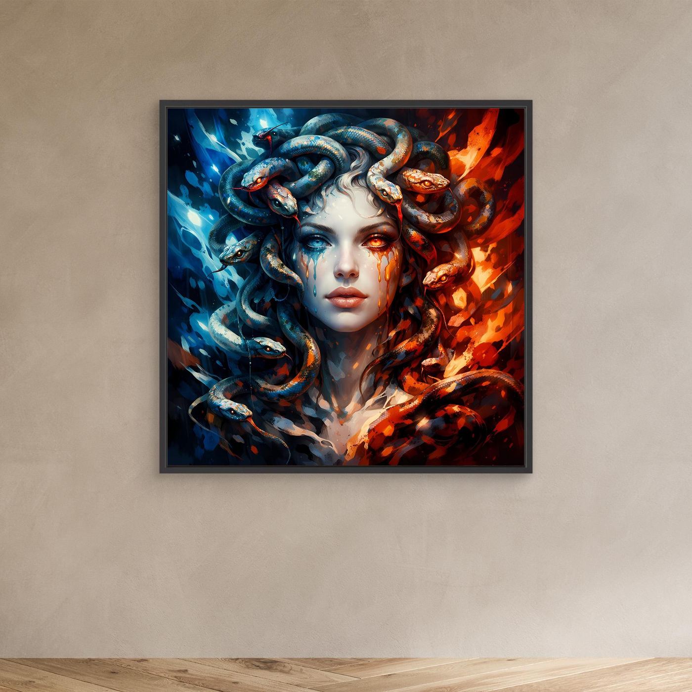 Leinwand Mystische Medusa im Feuer- und Eis-Kontrast | Modernes Fantasy Wandbild