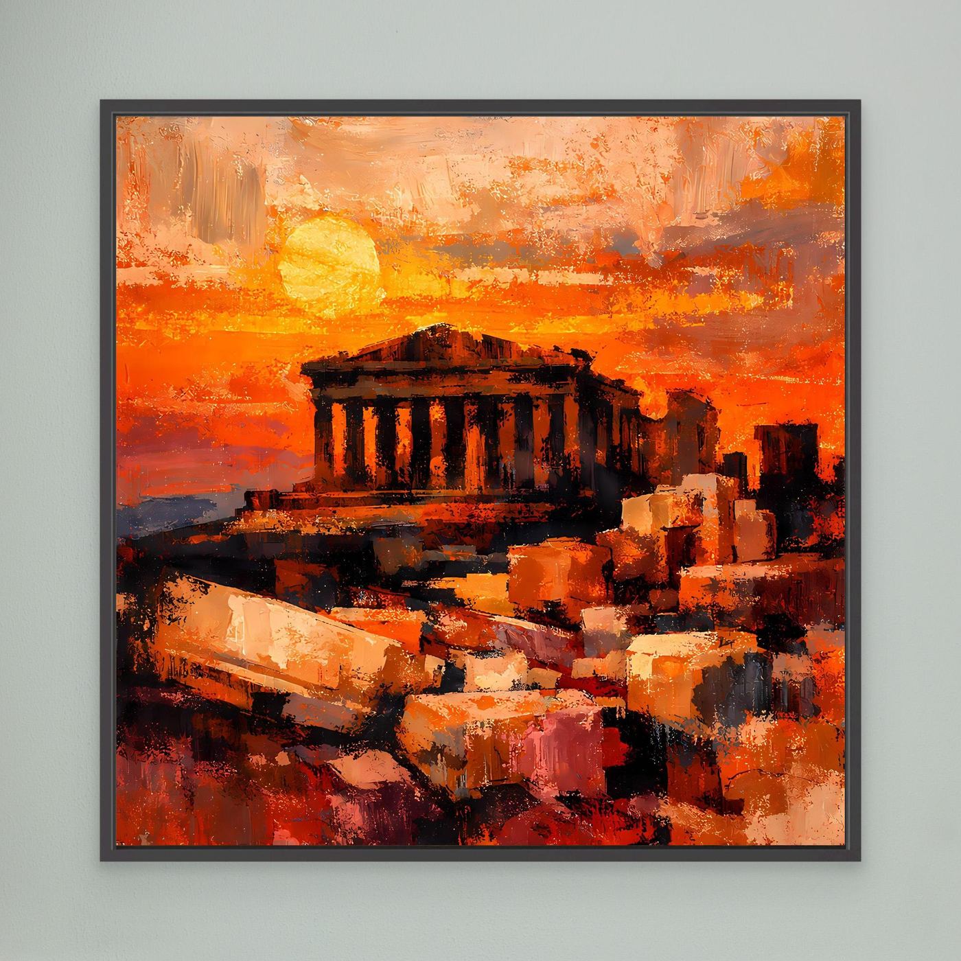 Leinwand-Wandbild mit abstrakter Akropolis-Silhouette in Orange- und Rottönen, schwarzer Rahmen