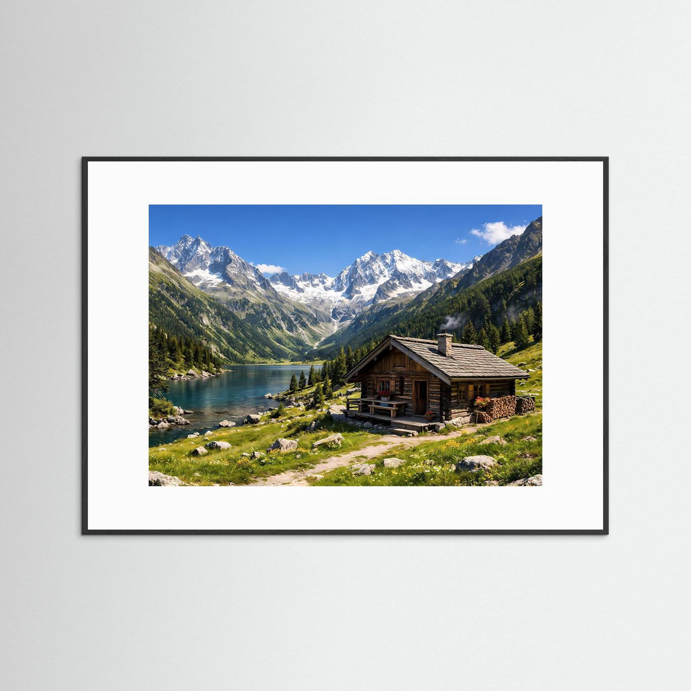 Alpenpanorama mit gemütlicher Hütte | Bergsee & Natur Poster Querformat