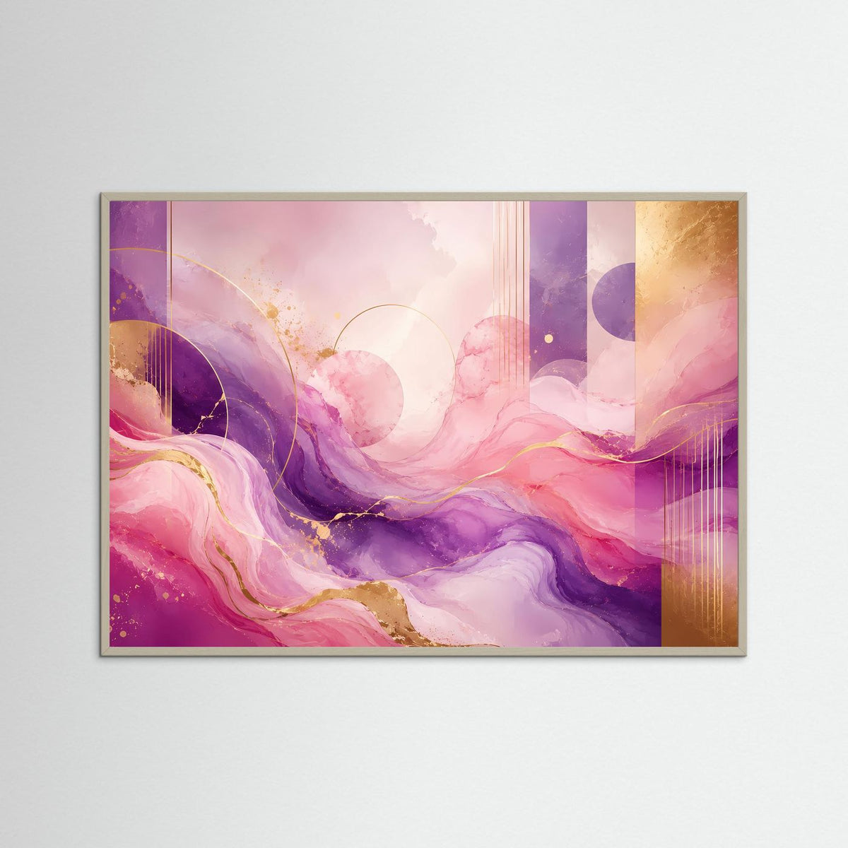 Holzgerahmtes Poster im Querformat mit abstrakten Wellen in Rosa, Violett und Goldakzenten