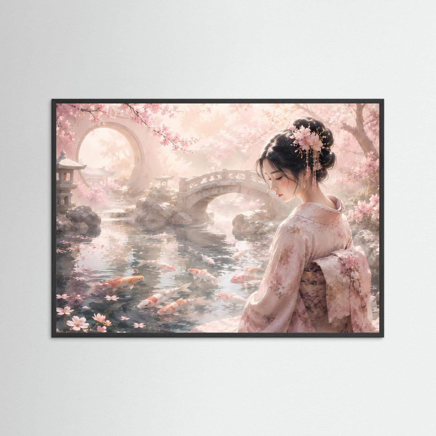 Japanisches Poster mit Geisha im Kimono am Koi-Teich und Kirschblüten, in schwarzem Holzrahmen.