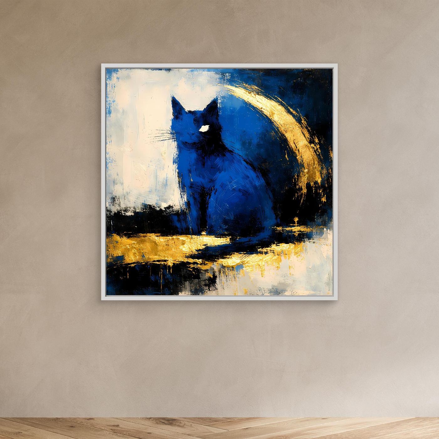 Abstraktes Wandbild mit blauem Tiermotiv, Goldakzenten und weißem Rahmen