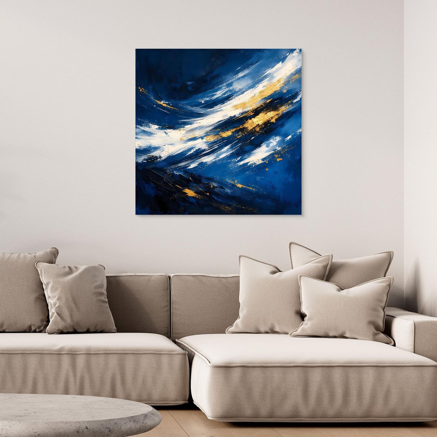 Leinwand Abstraktes Meeresgemälde in Dunkelblau und Gold | Modernes Ozean Wandbild