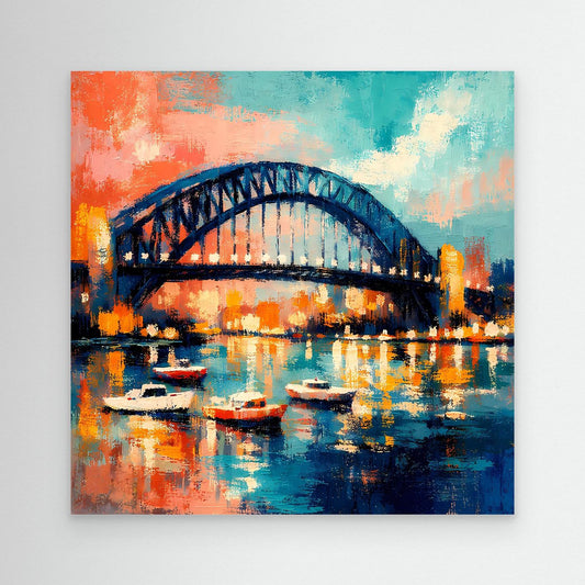 Abstraktes Leinwandbild mit Harbour-Brücke, leuchtenden Farben und Booten im Wasser