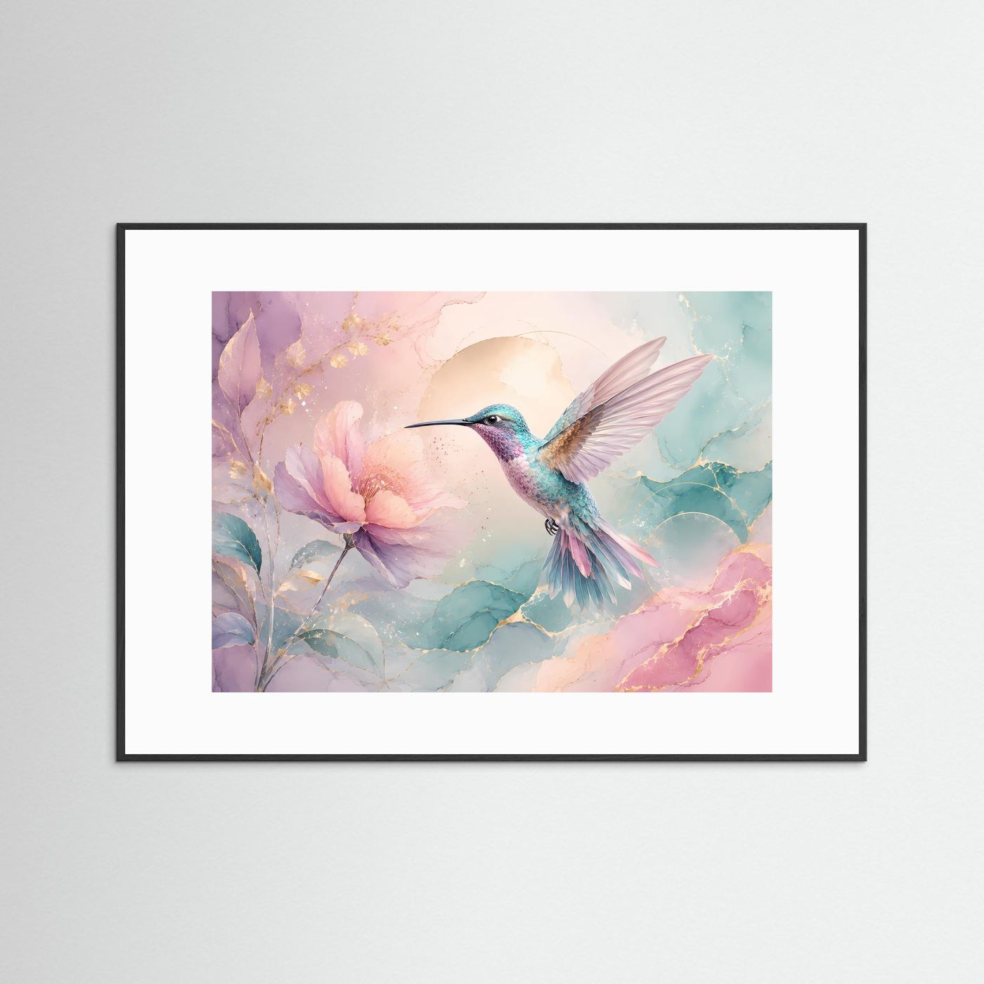 Kolibri Wandbild Pastell | Blüten Poster Rosa Türkis | Elegante Botanische Wandkunst | Moderne Leinwand mit Goldakzenten | Fine Art