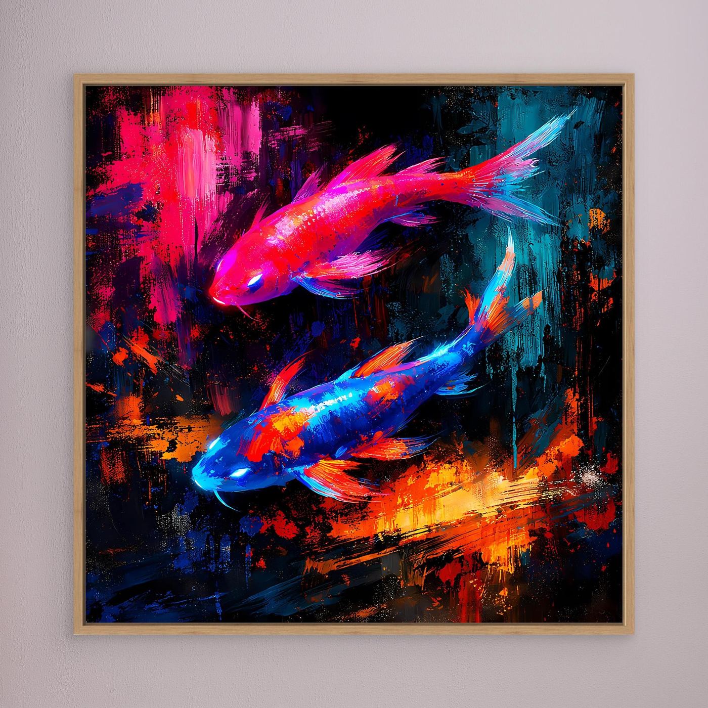 Leinwandbild mit leuchtenden Koi-Fischen in Pink-Blau, gerahmt in hellem Holz