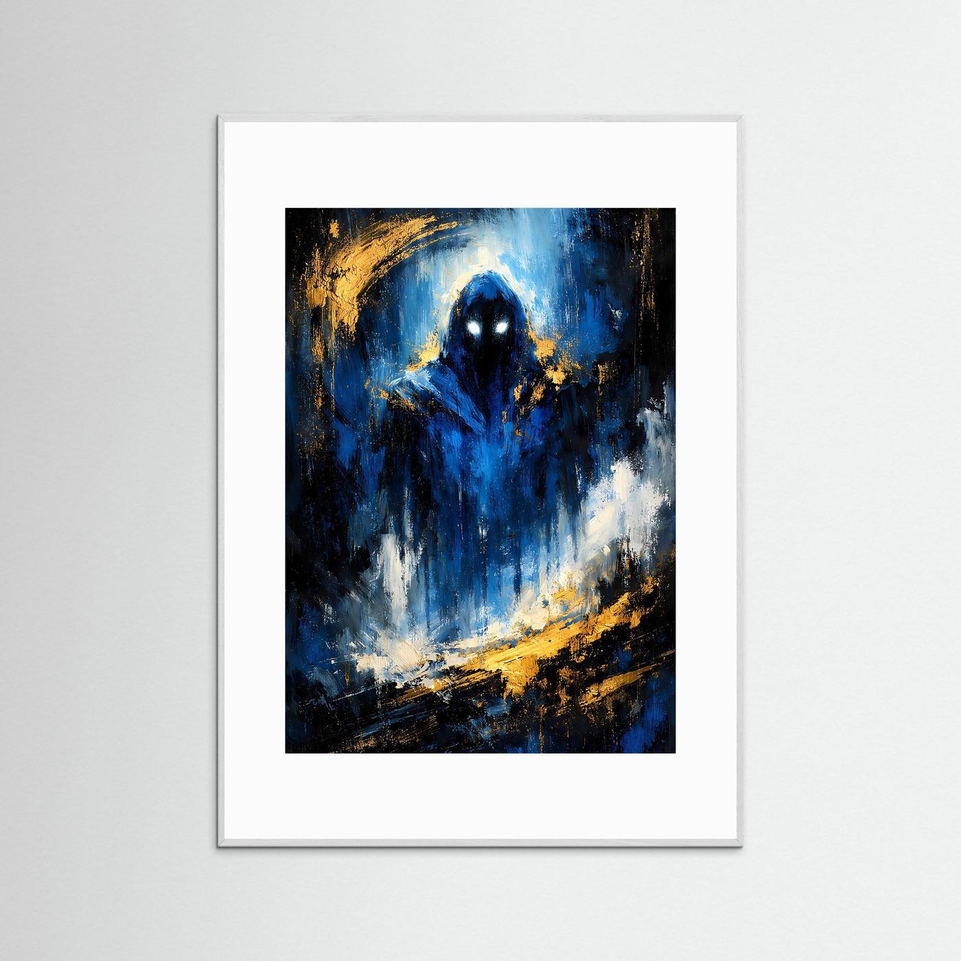 Fantasy-Poster im Hochformat mit abstrakter Magiersilhouette, weißer Rahmenumrandung