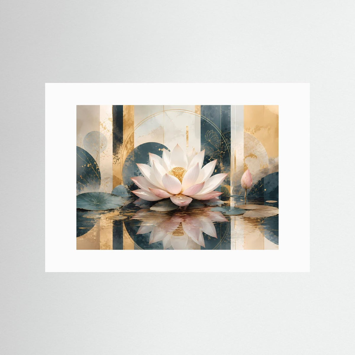 Poster im Querformat mit Lotusblüte auf Wasser, auf weißem Passepartout, cremeblau