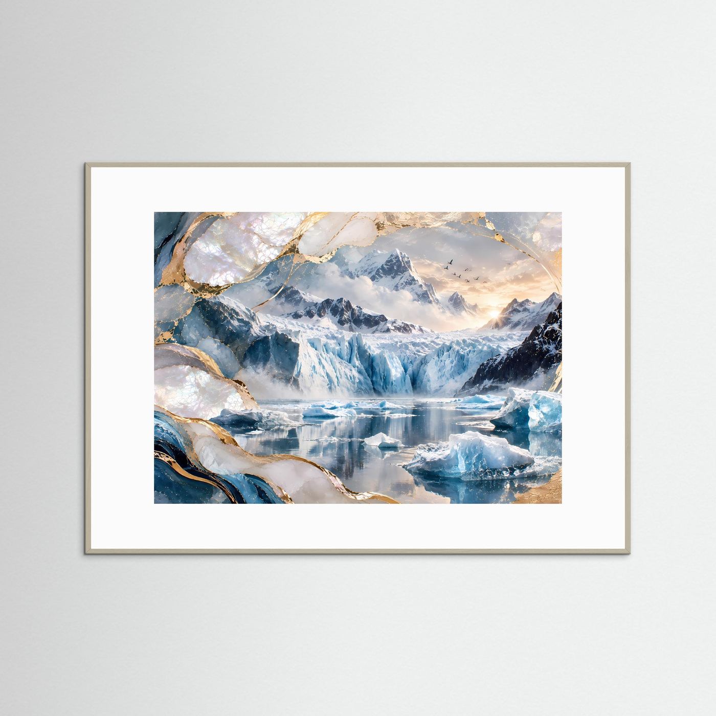 Querformat-Poster mit Gletscherlandschaft: blaues Eis, goldene Akzente, weißer Rahmen