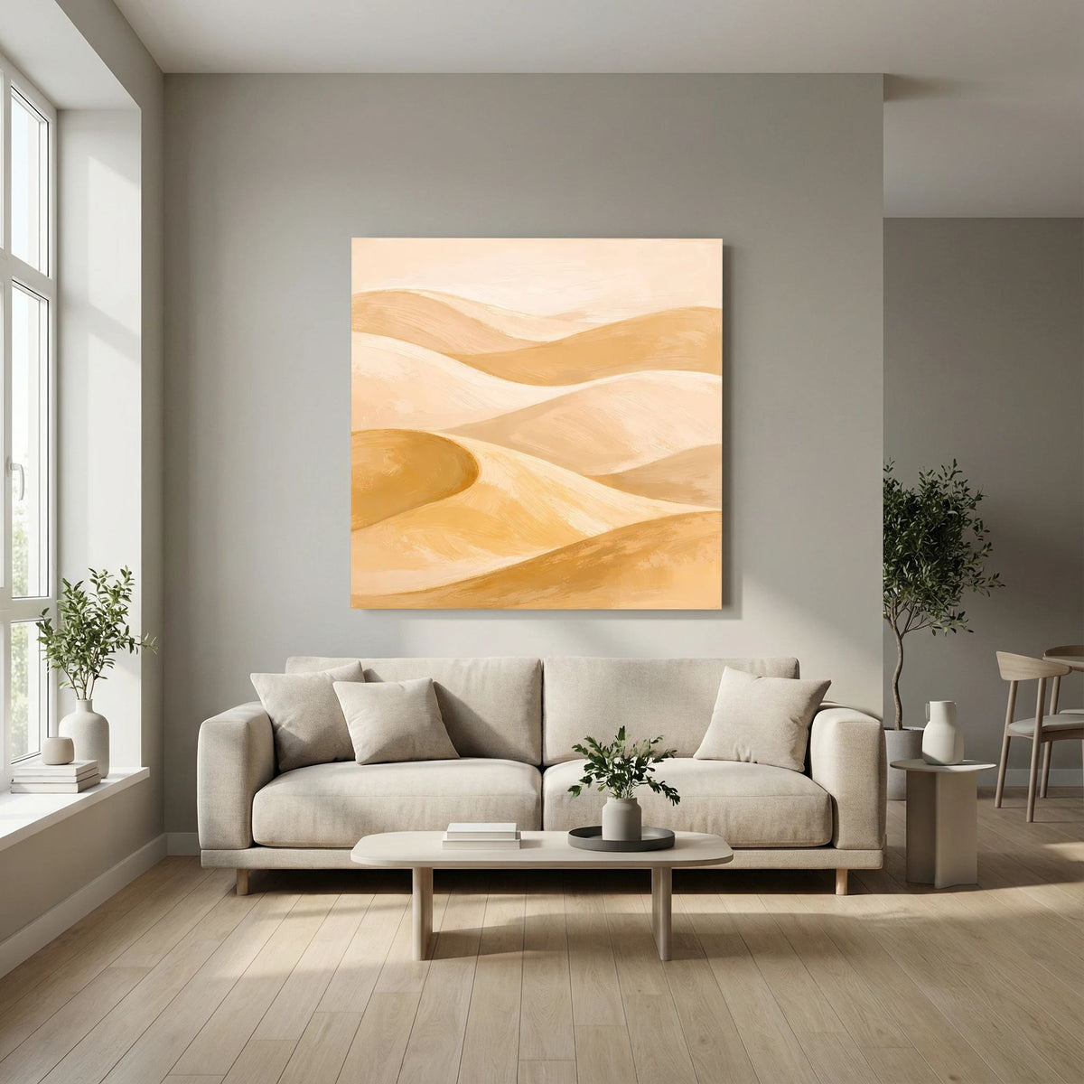 Quadratisches Leinwand-Wandbild mit Dünenwellen in Beige und Ocker, modernes Wüstenmotiv
